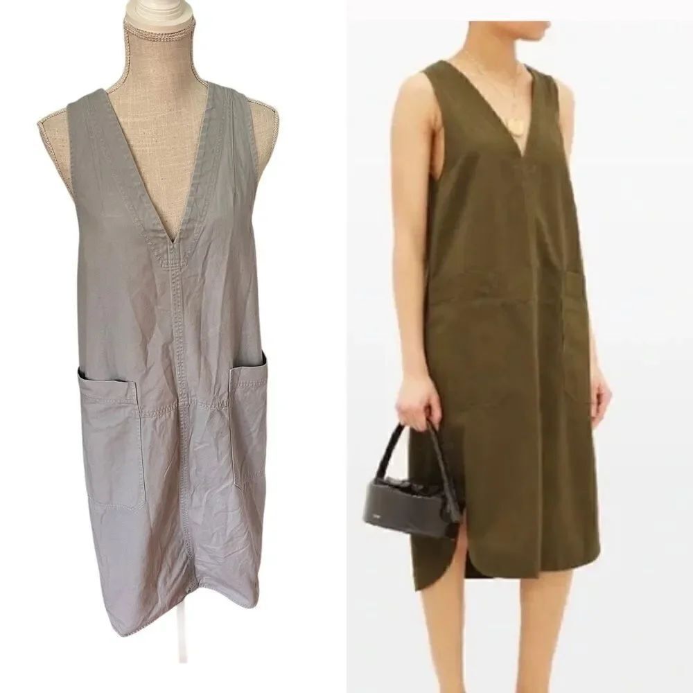 LEE MATHEWS Workroom V-neck Patch Pocket Organic Cotton Dress in Gray